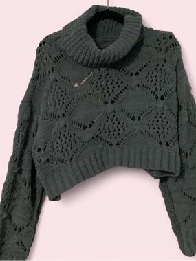 POL Teal Open Knit Cropped Turtleneck Sweater